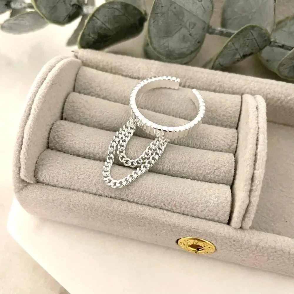 925 Sterling Silver Dangle Chain Drop Ring Minimalist Dainty Ring - Picture 4 of 7